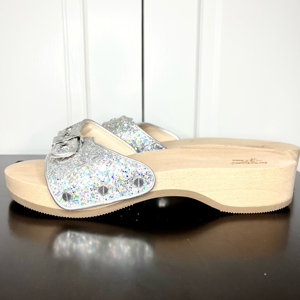 J Crew & Dr Scholls Silver Sandals with Glittery Straps and Flat Sole Clog - Picture 1 of 11